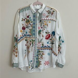 Johnny Was Multicolor Embroidered White Shirt